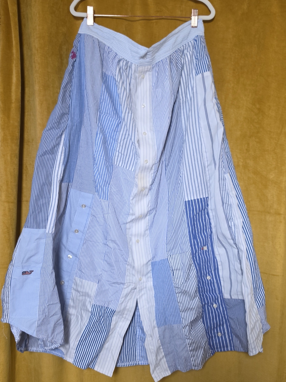 Upcycled Blue Patchwork Maxi Skirt - Women's Striped Button Detail